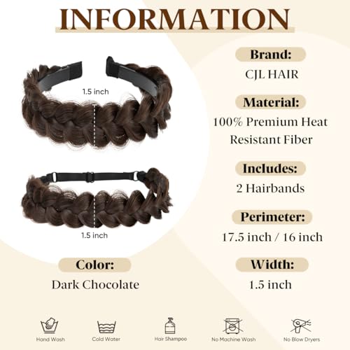 CJL HAIR 2PCs Braided Headbands Hair Piece for Women Synthetic Hair Hoops Head Bands Handmade Braid Hairband Accessories Elastic Stretch Headwrap Dark Chocolate - color: 2PCS-Dark Chocolate