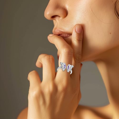 PARCOM Adjustable Women Stackable Ring, 925 Sterling Silver Open Rings - Trendy Eternity Cubic Zirconia Stackable Band Engagement Promise Ring for Her, Hypoallergenic Non Tarnish Nature Bird Floral Thumb Rings - color: Gradient Butterfly