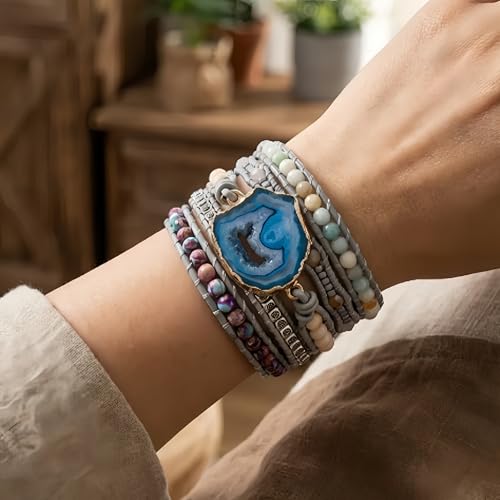 YGLINE Boho Handmade Wrap Leather Tube Crystal Stone Bracelet for Women - color: Blue Druzy