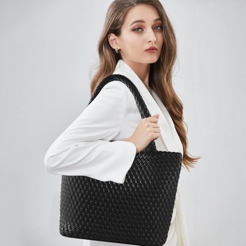 Hand Woven Bag Tote BagS For Women Top Handle Shoulder Vegan Leather Large Travel Beach Hobo Handbag - color: Black