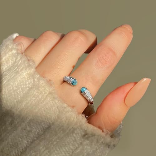 Turquoise Ring for Women Silver Open Ring with Genuine Stone Boho Adjustable Ring Western Design December Birthstone Jewelry