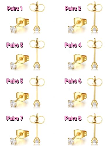 10 Pairs Small Stud Earrings for Women Precision-Cut Cubic Zirconia Earrings for Sensitive Ears Hypoallergenic Surgical Stainless Steel Tiny Stack Earrings for Multiple Piercing - color: Gold-8 Pairs-3mm