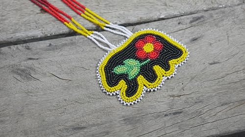 Handmade Native American Style Tribal ethnic Seed Bead Beaded Layered Medallion Necklace #1 - color: Yellow Black Flower Bear