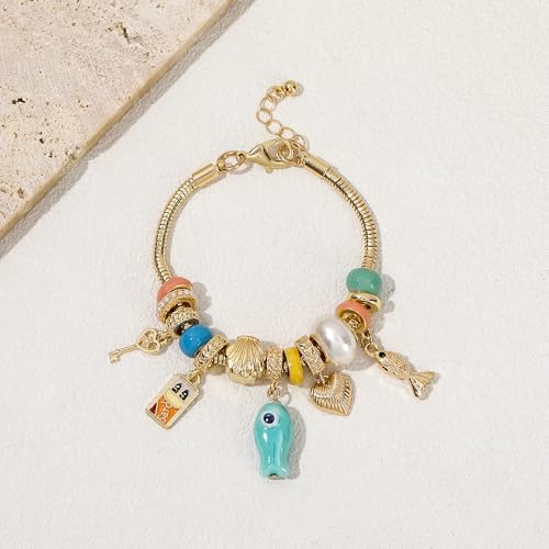 Madison Tyler Beach Bracelet for Women | Seahorse Octopus Tropical Fish Sea Turtle Shell Conch Beaded Charm Bracelet | Cute Gold Plated Adjustable Snake Chain Bracelet - style: Blue Fish