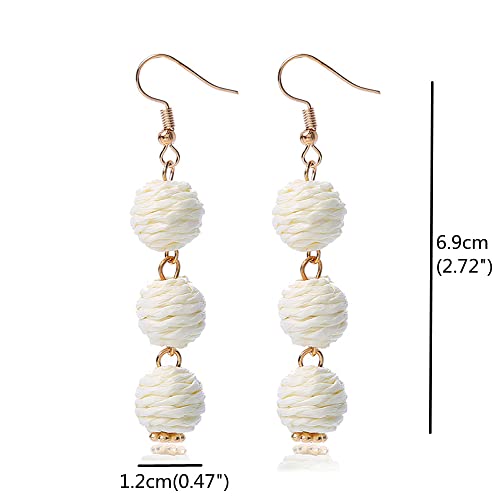 Lightweight Boho Thread Raffia Earrings for Women Handmade Braided Straw Wicker Lantern Ball Earrings Summer Beach Bohemian Geometric Earrings Holiday - color: white