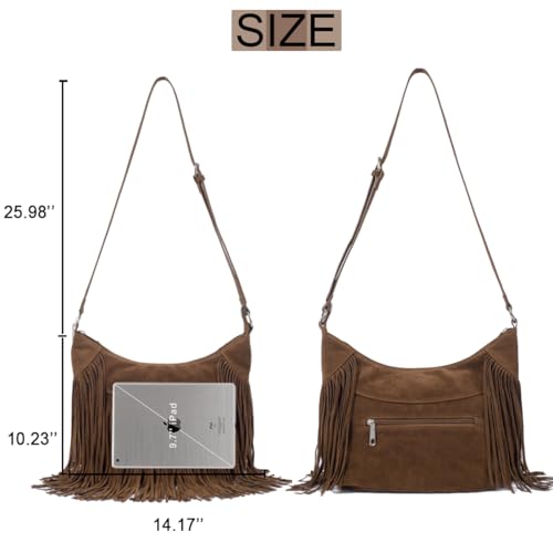 Sunwel Fashion Women Fringe Hobo Bag Western Purse Shoulder Bag Vegan Suede Tassel Hippie Crossbody Bag - color: Coffee