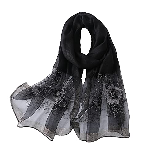 WINCESS YU Women Mulberry Silk Scarf Long & Large Embroidered Floral Pattern Shawl and Wraps Neckerchief for Hair & Neck - color: Sunflower Black