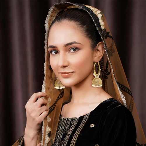 Duel On Jewel Indian Jewelry Bundle for Women, Gold-Plated Teardrop Bell Anklet Payal Set with Infinity Hoop Jhumka Earrings, Pearl CZ Filigree Ethnic Boho Wedding Party Gift Set