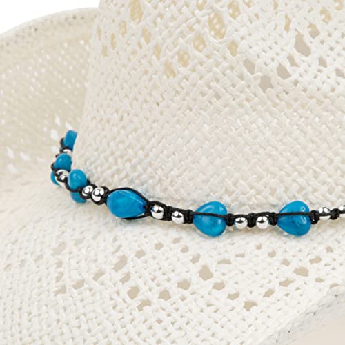 TOVOSO Western Cowgirl Hat, Straw Cowboy Hat for Women with Shapeable Brim, Beaded Hearts Trim, Shapeable Cowboy Hat - color: White Blue