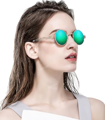 AIEYEZO Round Steampunk Sunglasses for Men Women Retro Circle Hippie Glasses Metal Frame 100% UV Blocking Lens - color: Gold/Green Mirror
