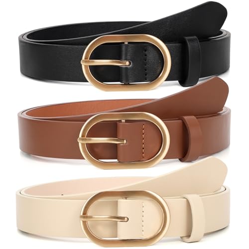 XZQTIVE 3 Pack Plus Size Women's Leather Belts for Jeans Pants Dress Fashion Gold Buckle Ladies Waist Belt - color: C-black+beige+coffee(gold Buckle), size: Medium: fits waist from 31"-37"
