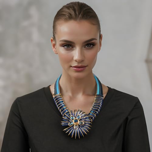 Ethnic Crystal Rhinestone Pendant Necklace Earrings Set Women Handmade Tribal Collar Choker Chunky Metal Bib Rope Chain African Statement Jewelry Set - color: NXR1418-blue