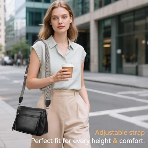 MEITRUE Crossbody Bags for Women, Vegan Leather Crossbody Purse Trendy Multi Pockets Shoulder Handbag with Tassel - color: 05-black