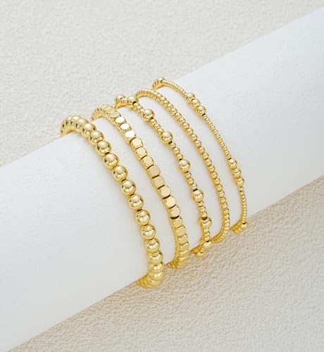 Gold Beaded Bracelets for Women, 14K Real Gold Plated Jewelry for Women Dainty Pearl Bead Bracelets Stack, Non Tarnish Trendy Stackable Ball Cross Stretch Bracelet Set Fashion Accessories Gifts - color: Gold square bead
