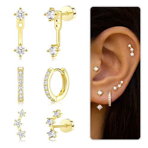 3 Pairs Dainty Small 4th of July Earrings for Women Trendy, Birthstone Stud Huggie Hoop Jacket Stack for Cartilage Helix, Gold Plated Hypoallergenic Cute Women Fashion Accessories Western Jewelry Gifts - color: Flatback (Gold)