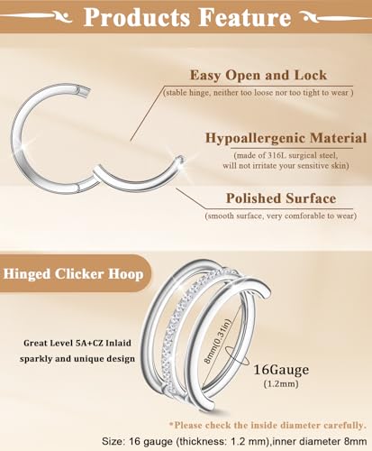 Small Cartilage Double/Triple-Hoop Helix Conch Piercing Earrings With Cubic Zirconia For Women Trendy 14K Gold Plated Titanium Surgical Stainless Steel Sets Nose Rings Hoops Septum Rings - color: Silver, style: F-4Pairs-16Gauge-Triple CZ hoop