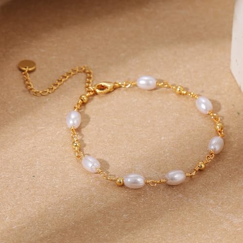 SLOONG Gold Pearl Bracelets for Women Trendy, 14K Gold Plated Dainty Stackable Layered Chain Bridesmaid Bracelets, Waterproof Wedding Jewelry for Women Adjustable 6"+2" - color: 1.Style3(Pearl)