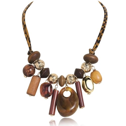 Coiris Chunky Statement Beaded Necklace for Women Bohemia Colorful Wooden Stone Beads Leather Rope Handmade Necklace Jewelry for Women - color: Leopard