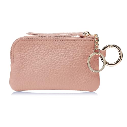 Cute Pink Coin Purse for Women – Genuine Leather Mini Zipper Wallet with Wrist Strap & Keychain, Small Change Pouch & Travel Coin Holder with Gift Box (Blush Pink) - color: Blush