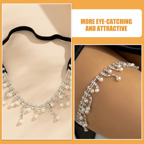 Lurrose Elastic Leg Chain Body Thigh Chain for Women with Full Rhinestone and Faux Pearl Tassel, Adjustable Body Jewelry Accessory for Fashion and Party Wear