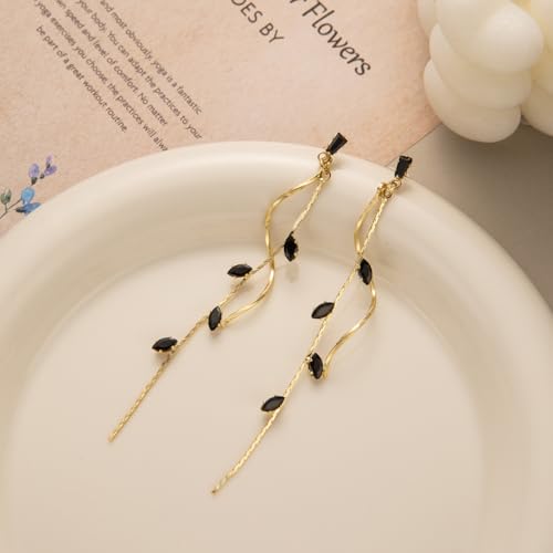 Temperament Long Zircon Tassel Earrings for Women Charm Jewelry Sparkling Crystal Leaves Twist Dangle Earrings for Friends - color: Gold-Balck Leaves