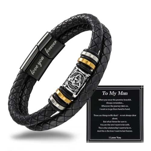Mens Leather Bracelet,Black Stainless Steel Double-Row Braided Black Stainless Steel Love You Forever Engraved,Baptism Easter Day Gift for Men Son & Grandson - style: For Man