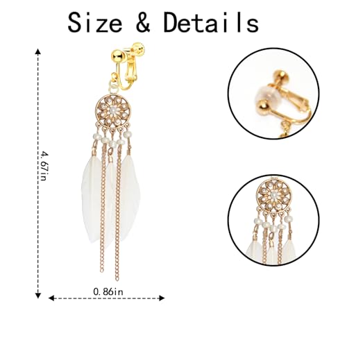 Clip on Tassel Dangle Earrings for Boho Women, Non Pierced, Colorful Feather Handmade Beads Fashion Vintage Fringe Jewelry for Parties Weddings Festivals Trendy Statement Earrings for Bohemian - color: White B