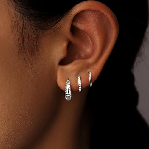 Poxtex Small Sterling Silver Huggie Hoop Earrings Set for Women, Hypoallergenic 14K Gold Plated Hoops Stacks for Multiple Piercings, Dainty Cute Mini Lightweight Cartilage Studs Trendy Jewelry Gift - color: Silver-chunky twisted hoop