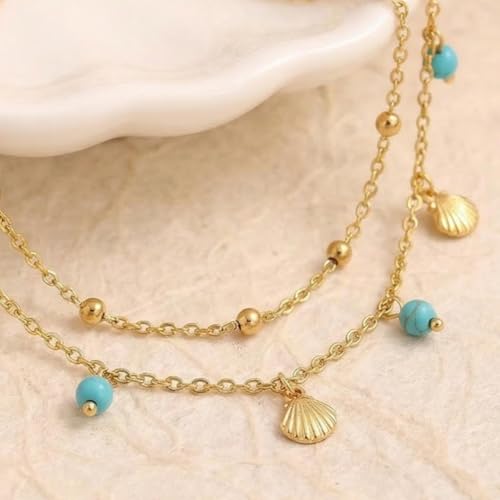 Dainty Gold Shell Pearl Charm Ankle Bracelet for Women Trendy non-Tarnish Adjustable Anklet Summer Beach Fashion Jewelry Gift - color: Turquoise