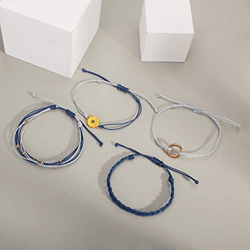 FANCY SHINY Easter Gifts Basket Stuffers Sunflower String Bracelet Boho Braided Rope Wrap Bracelets Cute Summer Beach Surfer Jewelry for Women - color: Navy Blue