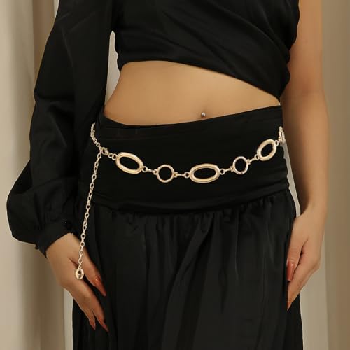 Waist Chain Belt Women Circle O-Ring Metal Link Body Chains Plus Size Gold Tone Chain Belt Fashion Waist Jewelry for Dress - color: Gold-43inch