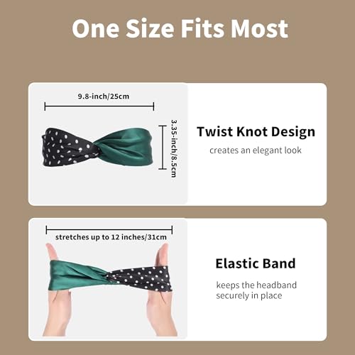 ZLYC Mulberry Silk Headband Elastic Twist Knotted Head Bands for Women's Hair, Polka Dots and Dark Green - color: Polka Dots and Dark Green