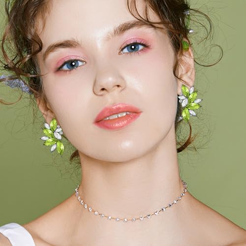 Bohemian Statement Sparkly Colourful Fancy Rhinestone Crystal Flower Dangle Drop Stud Earrings Vintage Wedding Bridal Prom Earrings for Women - color: White Green