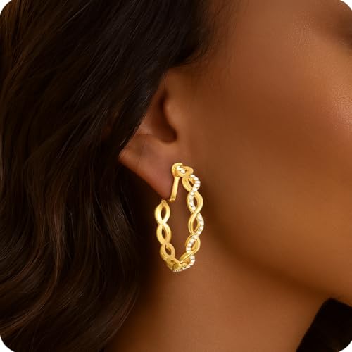 Clip On Hoop Earrings for Women,Cubic Zirconia CZ Gold Silver Plated Twisted Drop Clip On Earings for Non Pierced Ears Lightweight Jewelry Gifts - color: Gold