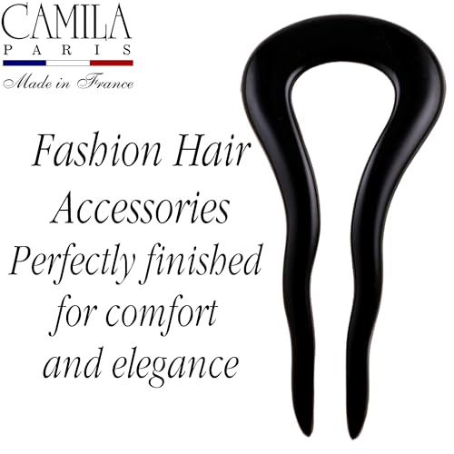Camila Paris CP2670 French Twist Stick Clip Pins, Black, Wavy Hair Pin U-Shaped Hair Fork for Girls Spiral Updo Chignon Bun Holder, Fashion Flexible Styling Hair Accessories for Women, Made in France - color: 2-Prong Black