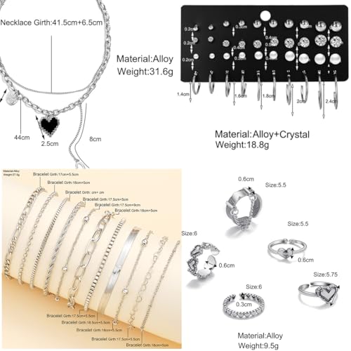 47pcs Gold Jewelry Set With 3 PCS Necklace, 11 PCS Bracelet,20pcs Hoop Stud Earrings,7pcs rings set For Women For Birthday Gifts - color: Silver