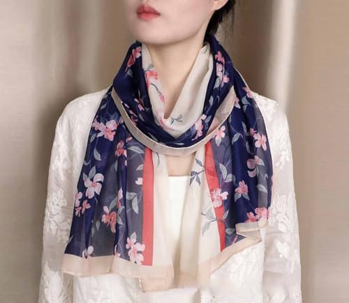 Xyueanlo Fashion Scarves for Women Lightweight Elegant Scarf Sunscreen Wraps Shawls - color: Two-color Flower Navy Blue