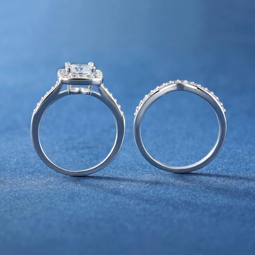 MDFUN 18K White Gold Plated Cubic Zirconia Two-in-One Halo Wedding Engagement Promise Eternity Ring for Women
