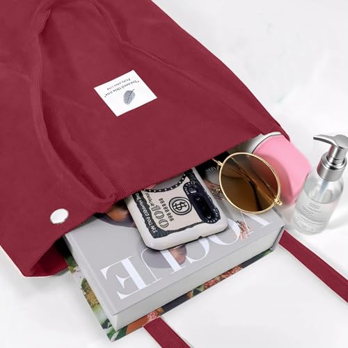 Corduroy Tote Bag for Women Small Canvas Shoulder Purse Cord Handy Bag with Inner Pocket | with Front Pocket - color: 02 Red
