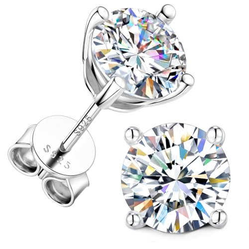 Moissanite Stud Earrings for Women & Men 18K White Gold/14K Gold Plated 925 Sterling Silver Stud for Sensitive Ear VVS1 Clarity Diamond Sparkle Jewelry Gifts with Sentimental Gift Box - color: 01 April-Diamond Clear White-Silver, size: 7.5mm- 3.0 Carat-(1