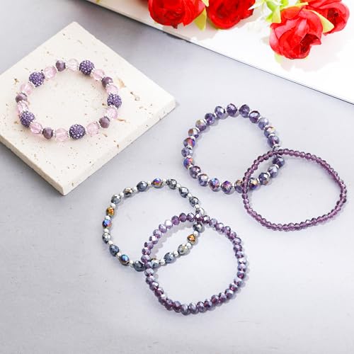5PCS Beaded Bracelets for Women, Stackable Bohemian Glass Crystal Bead Stretch Bracelets, Purple Jewelry Multilayered Disco Ball Design, Gift for Mother's Day, Birthday, Anniversary