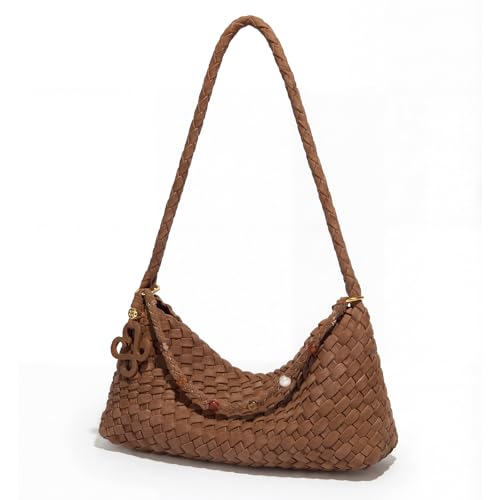 Premium Woven Shoulder crossboby Bag for Women, Slouchy Hobo Handbag with Braided Strap and Matching Zipper Pouch - color: Coffee Brown