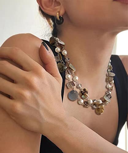 Noessla Layered Beaded Chunky Necklace for Women Boho Two-color Shell Statement Necklace Fashion Collar Costume Jewelry Gifts for Mum - color: 14-Natural