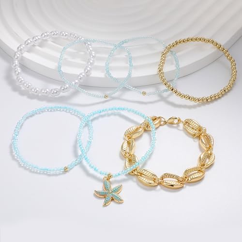 Shell Bracelet Seashell Boho Beaded Stretch Bracelets for Women Summer Beach Bracelets Starfish Charm Bracelet Stackable Gold Plated Bracelets Set for Women - color: h-gold shell 7pcs set