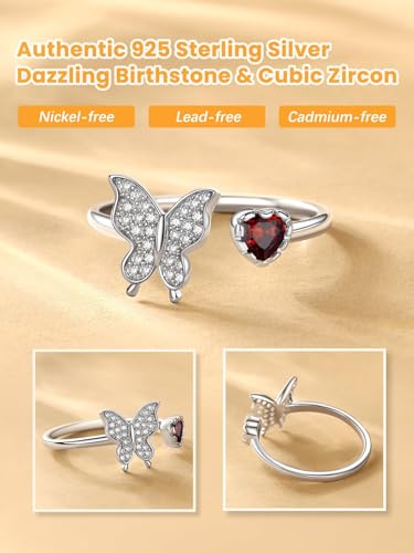 Bestyle 925 Sterling Silver Butterfly Ring Hypoallergnic Adjustable Birthstone Rings for Women Butterfly Jewelry Gifts for Anniversary Mothers' Day Birthday - color: 01.January (Garnet)