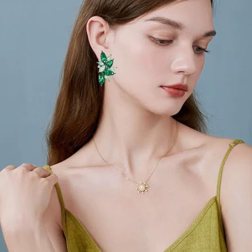 Bohemian Statement Sparkly Colourful Fancy Rhinestone Crystal Flower Dangle Drop Stud Earrings Vintage Wedding Bridal Prom Earrings for Women - color: Light Green