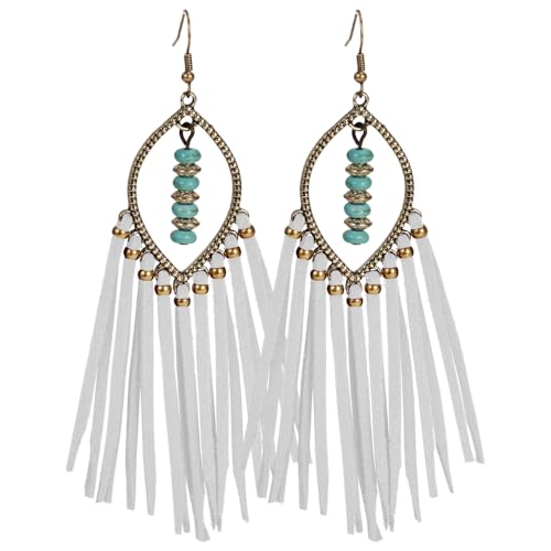 Long Bohemian Fringe Leather Earrrings Handmade Tassel Earrings with Turquoise Christmas Long Dangle Earrings for Women rodeo jewelry - color: 7