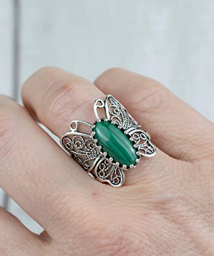 Filigranist Sterling Silver Filigree Art Butterfly Women Cocktail Ring with Gemstones - color: Malachite