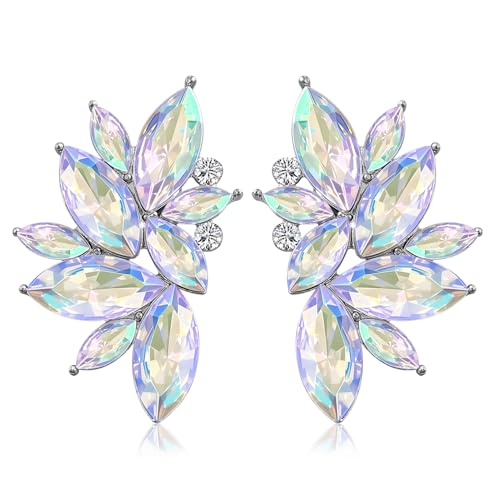 Bohemian Statement Sparkly Colourful Fancy Rhinestone Crystal Flower Dangle Drop Stud Earrings Vintage Wedding Bridal Prom Earrings for Women - color: Colorful White