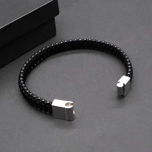 Men's Leather Bracelet, Stackable Stainless Steel Clasp Bracelets for Men Stylish Birthday, Thanksgiving, Valentine's Day Gift for My Man - style: 8.2" Black Beads